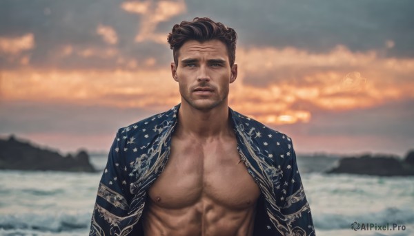 solo,looking at viewer,short hair,brown hair,black hair,1boy,nipples,upper body,male focus,outdoors,open clothes,sky,cloud,water,blurry,muscular,blurry background,facial hair,ocean,scar,beach,abs,cloudy sky,pectorals,muscular male,bara,beard,sunset,realistic,manly,bare pectorals,shirt,closed mouth,day,open jacket,open shirt,blue shirt,large pectorals,meme,mature male,chest hair