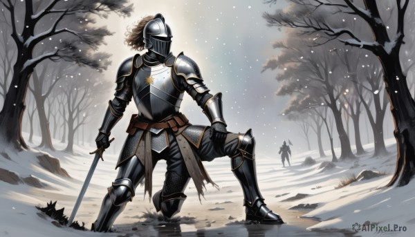 solo,brown hair,1boy,holding,standing,full body,weapon,boots,outdoors,solo focus,belt,sword,artist name,signature,holding weapon,armor,tree,holding sword,helmet,shoulder armor,gauntlets,snow,1other,pauldrons,breastplate,snowing,one knee,greaves,winter,multiple others,faulds,bare tree,knight,full armor,ambiguous gender,helm,chainmail,plate armor,1girl,multiple boys,nature,forest,hand on own knee,fog,leg armor