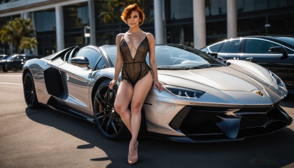 1girl,solo,breasts,looking at viewer,smile,short hair,cleavage,brown eyes,jewelry,medium breasts,sitting,collarbone,full body,outdoors,bag,nail polish,orange hair,blurry,high heels,bracelet,leotard,see-through,legs,blurry background,tan,ground vehicle,motor vehicle,tanlines,toenails,toenail polish,car,vehicle focus,plunging neckline,sports car,large breasts,brown hair,underwear,toes,shadow,realistic