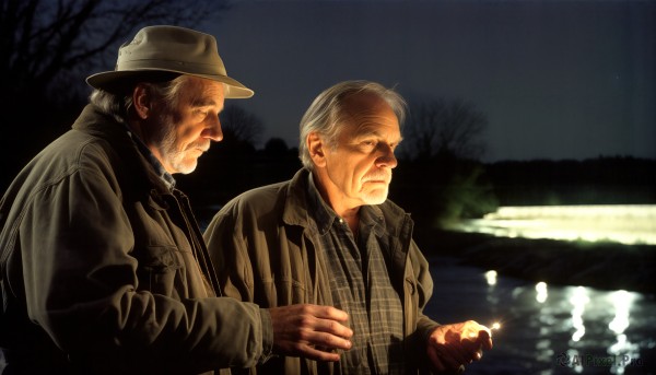 HQ,shirt,hat,grey hair,male focus,outdoors,multiple boys,necktie,sky,2boys,water,tree,night,facial hair,night sky,beard,reflection,cigarette,realistic,manly,old,old man,river,lake,jacket,signature,blurry,coat,depth of field,nature,forest,wrinkled skin