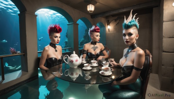 breasts,short hair,multiple girls,large breasts,cleavage,bare shoulders,jewelry,medium breasts,sitting,blue hair,pink hair,braid,pantyhose,red hair,multicolored hair,earrings,choker,indoors,3girls,water,necklace,leotard,cup,lips,strapless,aqua hair,makeup,detached collar,chair,table,lipstick,fishnets,black leotard,corset,armlet,plate,eyeshadow,tray,strapless leotard,reflection,fish,bubble,teacup,underwater,red lips,air bubble,teapot,arm strap,mermaid,saucer,bustier,mohawk,color connection,tablecloth,aquarium,tea set,hair color connection,1boy,2girls,collar,tea,pompadour