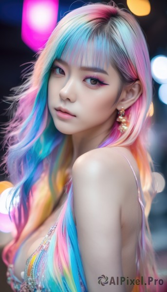 1girl,solo,long hair,breasts,looking at viewer,bangs,large breasts,cleavage,bare shoulders,brown eyes,jewelry,medium breasts,closed mouth,blue hair,swimsuit,upper body,pink hair,bikini,multicolored hair,earrings,artist name,blunt bangs,blurry,from side,two-tone hair,lips,eyelashes,aqua hair,gradient hair,makeup,depth of field,blurry background,watermark,multicolored clothes,eyeshadow,realistic,nose,bokeh,mascara,multicolored bikini,rainbow hair,dress,sleeveless,necklace,looking to the side,expressionless,lipstick,gem,web address,pink lips,eyeliner