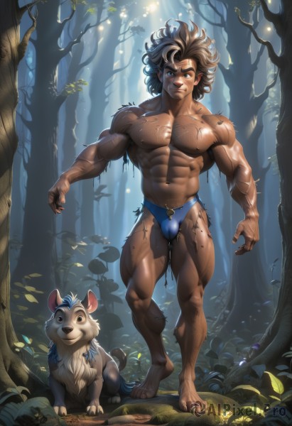 solo,smile,short hair,blue eyes,brown hair,black hair,1boy,navel,brown eyes,underwear,nipples,standing,full body,male focus,thighs,multicolored hair,outdoors,barefoot,dark skin,stomach,tree,torn clothes,muscular,facial hair,animal,leaf,scar,thick thighs,abs,sunlight,dark-skinned male,thick eyebrows,pectorals,muscular male,messy hair,nature,bara,forest,large pectorals,walking,bulge,topless male,mature male,realistic,manly,male underwear,mushroom,male swimwear,biceps,navel hair,leg hair,swim briefs,squirrel,thick arms,scar on leg,looking at viewer,artist name,plant,curly hair,mouse