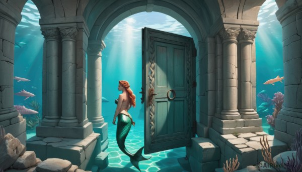 1girl,solo,long hair,breasts,medium breasts,swimsuit,bikini,indoors,water,from behind,orange hair,sideboob,ocean,sunlight,monster girl,scenery,fish,bubble,light rays,rock,underwater,door,scales,air bubble,mermaid,sunbeam,ruins,head fins,shell,pillar,starfish,caustics,coral,column,shell bikini,seaweed,nude,red hair,completely nude,back,stairs,wide shot,fins,arch