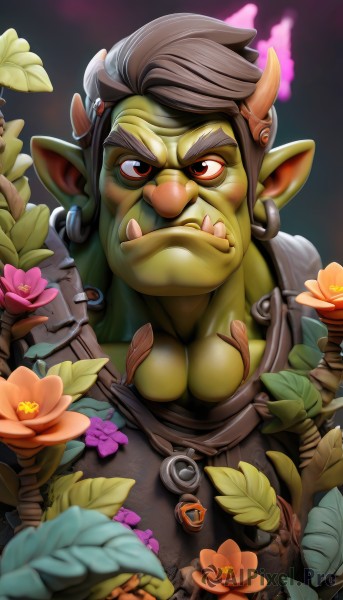 solo,looking at viewer,short hair,red eyes,1boy,jewelry,closed mouth,upper body,flower,grey hair,male focus,earrings,horns,pointy ears,armor,muscular,colored skin,frown,leaf,fangs,thick eyebrows,hoop earrings,green skin,monster boy,orc,tusks,eyebrow cut,brown hair,teeth,cosplay,piercing,pectorals,muscular male,pink flower,serious,nose,goblin