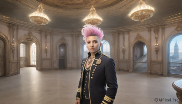 solo,looking at viewer,short hair,long sleeves,1boy,brown eyes,jewelry,pink hair,male focus,multicolored hair,earrings,indoors,necklace,uniform,lips,window,tattoo,makeup,buttons,table,medal,church,chandelier,1girl,white hair,two-tone hair,realistic