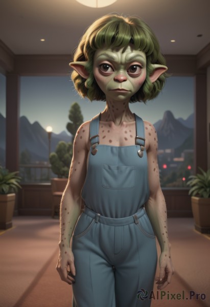 1girl,solo,looking at viewer,short hair,brown eyes,closed mouth,standing,collarbone,cowboy shot,outdoors,green hair,pointy ears,indoors,blurry,flat chest,window,night,blurry background,colored skin,plant,freckles,arms at sides,potted plant,overalls,green skin,dirty,goblin,body freckles,blue overalls,blush,blonde hair,bare shoulders,lips,blood,monster girl,bandaid,bandaid on face,dirty face,dirty clothes,plant girl,naked overalls