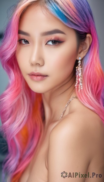 1girl,solo,long hair,breasts,looking at viewer,cleavage,bare shoulders,brown eyes,jewelry,medium breasts,closed mouth,blue hair,upper body,pink hair,multicolored hair,earrings,necklace,black eyes,two-tone hair,lips,eyelashes,gradient hair,makeup,portrait,eyeshadow,realistic,nose,eyeliner,mascara,simple background,nude,artist name,grey background,blurry,grey eyes,wavy hair