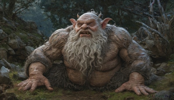 solo,long hair,open mouth,1boy,sitting,closed eyes,weapon,white hair,male focus,outdoors,horns,teeth,pointy ears,tree,fingernails,muscular,facial hair,fangs,grass,nature,beard,topless male,rock,realistic,mustache,bald,old,old man,full body,lying,night,forest,veins,on ground,chest hair,arm hair,moss,stone