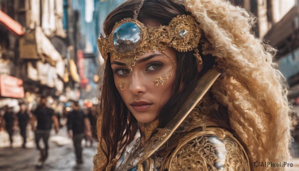 1girl,solo,long hair,looking at viewer,brown hair,brown eyes,jewelry,closed mouth,upper body,outdoors,solo focus,dark skin,armor,blurry,dark-skinned female,lips,looking to the side,makeup,depth of field,blurry background,shoulder armor,gem,portrait,veil,pauldrons,circlet,realistic,nose,black hair,headdress,street,crowd