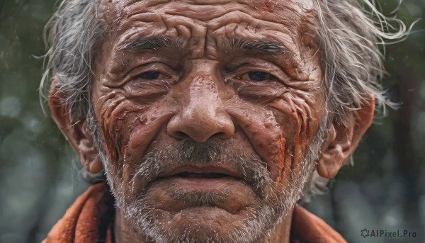 solo,looking at viewer,1boy,jewelry,closed mouth,white hair,grey hair,male focus,earrings,outdoors,blurry,depth of field,blurry background,facial hair,scar,portrait,beard,scar on face,close-up,realistic,mustache,scar across eye,manly,old,old man,wrinkled skin,blue eyes,grey eyes,veins