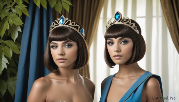 1girl,breasts,looking at viewer,short hair,bangs,multiple girls,brown hair,black hair,2girls,cleavage,bare shoulders,brown eyes,medium breasts,closed mouth,collarbone,upper body,indoors,dark skin,blunt bangs,dark-skinned female,lips,eyelashes,makeup,leaf,bob cut,tiara,crown,plant,curtains,gem,dual persona,realistic,nose,window,eyeshadow