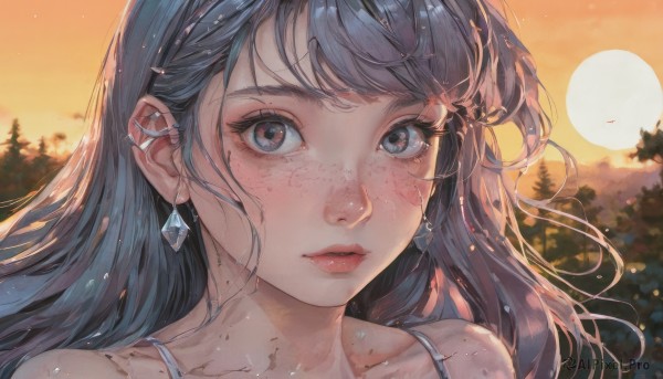 1girl,solo,long hair,looking at viewer,blush,bangs,blue eyes,black hair,bare shoulders,jewelry,blue hair,collarbone,grey hair,earrings,outdoors,parted lips,sky,tree,lips,grey eyes,eyelashes,piercing,sunlight,ear piercing,portrait,nature,close-up,forest,freckles,sunset,sun,closed mouth,blurry,makeup,red lips,spaghetti strap,evening