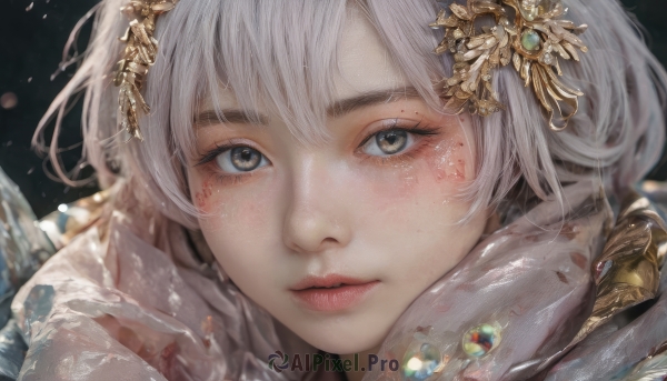 1girl,solo,looking at viewer,short hair,bangs,hair ornament,brown eyes,jewelry,closed mouth,white hair,parted lips,blurry,lips,grey eyes,eyelashes,black background,portrait,close-up,freckles,head rest,realistic,grey hair,expressionless,gem,nose