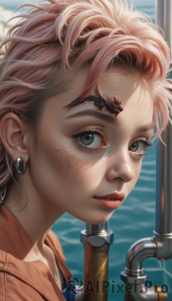 1girl,solo,looking at viewer,short hair,brown eyes,jewelry,pink hair,multicolored hair,earrings,outdoors,parted lips,day,water,blurry,lips,grey eyes,eyelashes,blurry background,ocean,piercing,portrait,close-up,freckles,realistic,nose,closed mouth,dirty