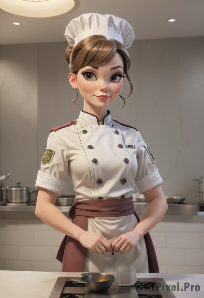 1girl,solo,looking at viewer,smile,short hair,bangs,brown hair,hat,brown eyes,jewelry,closed mouth,standing,short sleeves,earrings,indoors,hair bun,uniform,apron,cup,lips,maid headdress,makeup,buttons,white headwear,single hair bun,own hands together,waist apron,white apron,red lips,double-breasted,badge,coffee,kitchen,chef hat,counter,chef,blush,lipstick,realistic