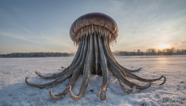 outdoors,sky,teeth,cloud,water,tree,no humans,ocean,beach,building,scenery,tentacles,sunset,monster,city,sand,sun,horizon,octopus,sunrise,eldritch abomination,creature,alien