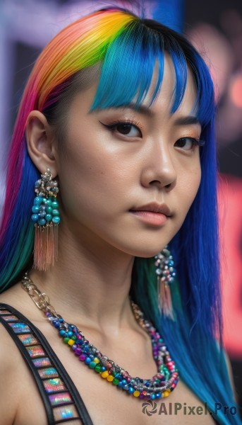 1girl,solo,long hair,breasts,looking at viewer,bangs,cleavage,bare shoulders,jewelry,medium breasts,closed mouth,blue hair,collarbone,upper body,multicolored hair,earrings,necklace,blurry,black eyes,two-tone hair,lips,eyelashes,makeup,blurry background,portrait,freckles,beads,realistic,nose,bead necklace,pearl necklace,rainbow hair,blonde hair,brown eyes,green hair,streaked hair