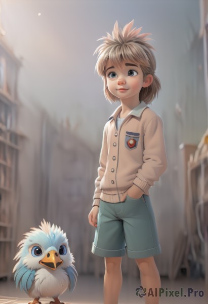 1girl,solo,short hair,blue eyes,blonde hair,brown hair,shirt,long sleeves,1boy,closed mouth,standing,jacket,male focus,outdoors,shorts,artist name,medium hair,blurry,black eyes,lips,buttons,blurry background,bird,animal,light brown hair,thick eyebrows,cardigan,building,child,blue shorts,hand in pocket,female child,male child,badge,beak,creature and personification,looking at viewer,smile,watermark