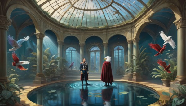 short hair,blonde hair,gloves,1boy,standing,weapon,male focus,boots,multiple boys,pants,sword,artist name,indoors,2boys,water,cape,armor,window,bird,animal,black pants,sunlight,feathers,plant,scenery,reflection,light rays,fantasy,red cape,potted plant,sunbeam,wide shot,ripples,pillar,statue,lily pad,owl,arch,dove,reflective floor,column,long sleeves,holding,white hair,walking,robe,facing away,stained glass