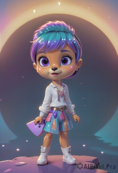 1girl,solo,looking at viewer,blush,smile,short hair,open mouth,shirt,long sleeves,holding,animal ears,jewelry,blue hair,standing,purple eyes,full body,white shirt,purple hair,multicolored hair,earrings,boots,shorts,belt,artist name,dark skin,bag,two-tone hair,dark-skinned female,white footwear,multicolored clothes,furry,personification,furry female,ankle boots,stud earrings,humanization,buck teeth,bangs,simple background,collarbone,pink hair,heart,shoes,teeth,shiny,collared shirt,necklace,shiny hair,flat chest,bracelet,see-through,gradient,gradient background,short shorts,aqua hair,makeup,:3,swept bangs,watermark,happy,web address,sleeves rolled up,blue shorts,asymmetrical hair,body fur,pigeon-toed,animal nose,two-tone fur,multicolored legwear,grey fur,multicolored shirt,pointy footwear