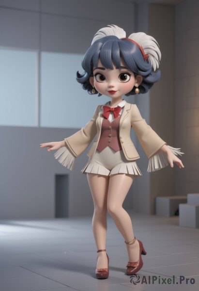 1girl,solo,breasts,looking at viewer,smile,short hair,bangs,skirt,shirt,black hair,hair ornament,long sleeves,bow,brown eyes,jewelry,closed mouth,blue hair,standing,jacket,full body,white shirt,pleated skirt,earrings,open clothes,shoes,shorts,collared shirt,artist name,indoors,wide sleeves,bowtie,blurry,vest,red bow,high heels,open jacket,lips,makeup,blurry background,white skirt,feathers,lipstick,red footwear,red bowtie,eyeshadow,brown jacket,anklet,tiles,red lips,feather hair ornament,tile floor,brown vest,white hair,dark skin,chibi,scarf,dark-skinned female