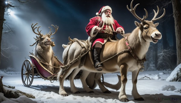 HQ,solo,1boy,hat,white hair,male focus,boots,outdoors,sky,belt,black footwear,tree,night,facial hair,animal,knee boots,nature,christmas,beard,snow,santa hat,forest,santa costume,snowing,mustache,riding,sack,antlers,old man,deer,reindeer,reins,saddle,open mouth,long sleeves,holding,jacket,pants,collar,fur trim,bell,chain,star (sky),night sky,red headwear,starry sky,realistic,leash,old,fur-trimmed headwear,reindeer antlers