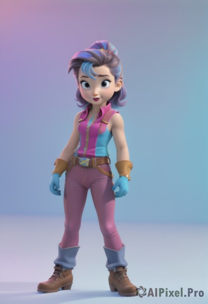 1girl,solo,breasts,looking at viewer,smile,open mouth,brown hair,shirt,black hair,gloves,bare shoulders,brown eyes,blue hair,standing,full body,ponytail,purple hair,multicolored hair,small breasts,boots,teeth,sleeveless,belt,pants,black eyes,vest,two-tone hair,lips,streaked hair,sleeveless shirt,makeup,blue background,brown footwear,lipstick,zipper,blue gloves,female child,ankle boots,zipper pull tab,sleeveless jacket,long hair,watermark