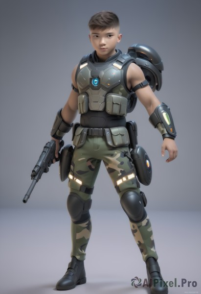 solo,looking at viewer,short hair,brown hair,1boy,holding,brown eyes,standing,full body,weapon,male focus,boots,sleeveless,pants,dark skin,holding weapon,armor,lips,gun,military,holding gun,handgun,science fiction,realistic,knee pads,camouflage,body armor,black hair,jewelry,earrings,belt,bag,muscular,backpack,pouch,undercut,camouflage pants