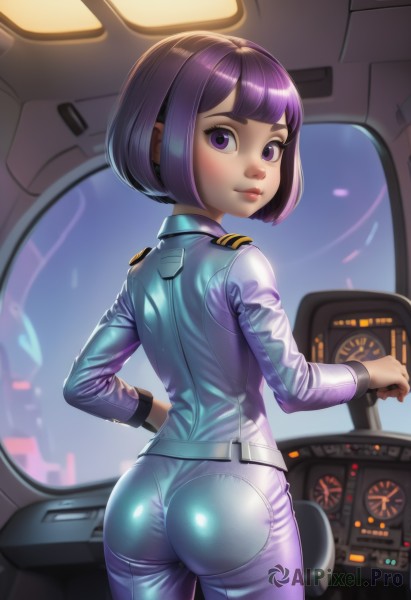 1girl,solo,looking at viewer,smile,short hair,bangs,closed mouth,standing,purple eyes,purple hair,ass,cowboy shot,shiny,belt,looking back,pants,blunt bangs,from behind,uniform,lips,military,bodysuit,makeup,bob cut,skin tight,science fiction,shiny clothes,nose,jumpsuit,pantylines,cockpit,long sleeves,artist name,hand on hip,eyelashes,watermark,thick eyebrows