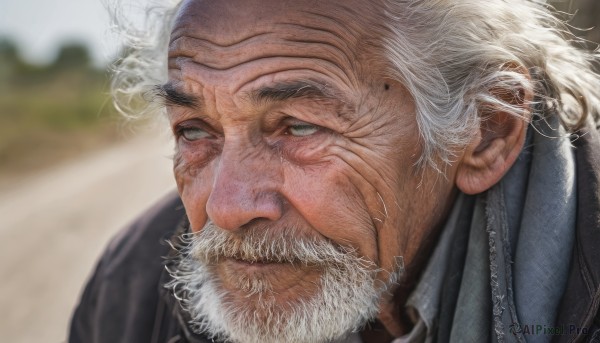 solo,shirt,1boy,closed mouth,jacket,white hair,male focus,outdoors,necktie,day,collared shirt,blurry,black jacket,grey eyes,blurry background,facial hair,thick eyebrows,portrait,beard,realistic,mustache,bald,manly,old,old man,wrinkled skin,looking at viewer,smile,grey hair,artist name,signature,mole,mole under eye,depth of field,scar,scar on face,nose