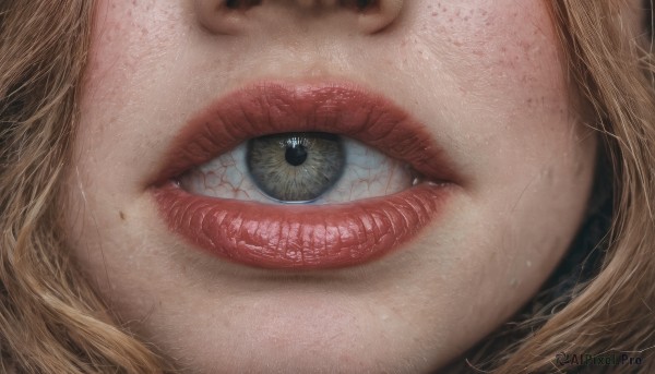 1girl,solo,looking at viewer,blue eyes,blonde hair,teeth,tongue,mole,lips,eyelashes,makeup,portrait,close-up,freckles,realistic,nose,red lips,eye focus,yellow eyes,horror (theme)