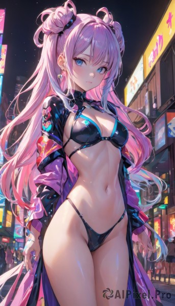 1girl,solo,long hair,breasts,looking at viewer,blush,bangs,blue eyes,long sleeves,navel,cleavage,jewelry,medium breasts,very long hair,closed mouth,standing,jacket,swimsuit,pink hair,heart,sidelocks,bikini,thighs,multicolored hair,cowboy shot,earrings,outdoors,open clothes,off shoulder,stomach,hair bun,nail polish,coat,groin,double bun,gradient hair,night,black bikini,highleg,building,string bikini,hair rings,shrug (clothing),highleg bikini,latex,hair ornament,small breasts,sky,solo focus,open jacket,skindentation,night sky,cropped jacket,city,cityscape,multi-strapped bikini,skyscraper,city lights,neon lights