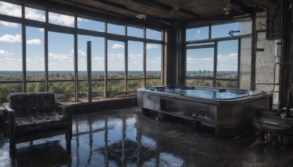 outdoors,sky,day,cloud,indoors,water,tree,blue sky,no humans,window,ocean,chair,table,cloudy sky,plant,building,scenery,couch,reflection,horizon,cityscape,ruins,landscape,sink,bottle,desk,wooden floor,lake