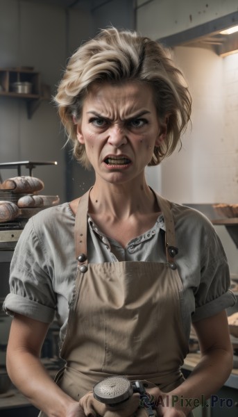 1girl,solo,looking at viewer,short hair,blue eyes,blonde hair,shirt,holding,jewelry,white shirt,upper body,short sleeves,earrings,parted lips,teeth,indoors,mole,blurry,apron,lips,mole under eye,clenched teeth,grey shirt,freckles,realistic,bread,dirty,kitchen,dirty face,wrinkled skin,blood,makeup,lipstick,angry,veins