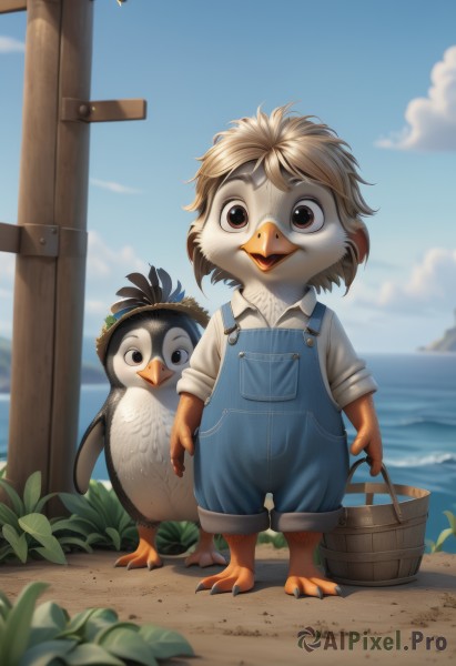 looking at viewer,short hair,open mouth,blonde hair,shirt,1boy,hat,holding,brown eyes,standing,full body,white shirt,male focus,outdoors,sky,barefoot,day,collared shirt,artist name,cloud,water,blurry,black eyes,blue sky,depth of field,blurry background,bird,ocean,animal,leaf,beach,feathers,plant,child,furry,sleeves rolled up,sand,straw hat,horizon,basket,bucket,overalls,furry male,seagull,beak,holding basket,animal feet,blue overalls,solo,brown hair,short sleeves,watermark,grass,denim,wing collar,claws,pocket,brown fur,holding bucket