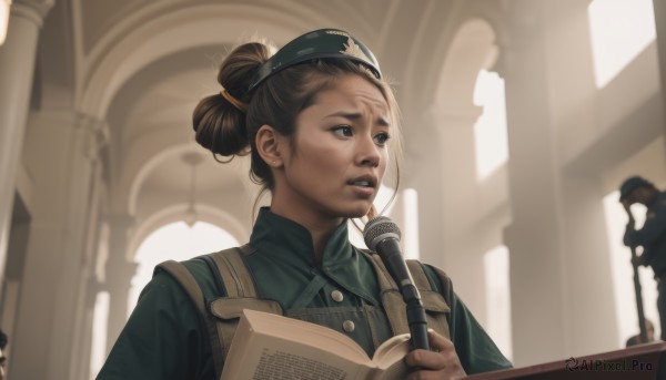 1girl,solo,brown hair,shirt,hat,holding,brown eyes,upper body,weapon,parted lips,teeth,solo focus,sword,indoors,hair bun,blurry,uniform,black eyes,lips,book,military,military uniform,blurry background,single hair bun,realistic,green headwear,green shirt,garrison cap,statue,soldier,church,1boy,jewelry,earrings,instrument,freckles,recorder