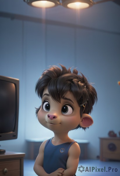 solo,smile,short hair,brown hair,shirt,hair ornament,1boy,animal ears,closed mouth,upper body,male focus,sleeveless,pointy ears,hairclip,indoors,blurry,black eyes,sleeveless shirt,blurry background,tank top,blue shirt,messy hair,child,furry,female child,furry male,male child,television,blue tank top,blush,blue eyes,bare shoulders,lamp,deer ears