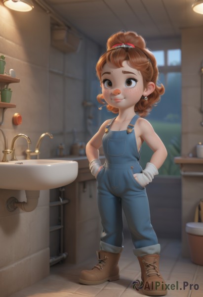 1girl,solo,looking at viewer,blush,smile,short hair,brown hair,gloves,brown eyes,jewelry,closed mouth,standing,collarbone,full body,ponytail,earrings,boots,indoors,white gloves,blurry,flat chest,loli,window,blurry background,brown footwear,thick eyebrows,child,freckles,hands in pockets,tiles,female child,overalls,sink,blue overalls,naked overalls,breasts,bare shoulders,small breasts,lips,aged down,bandaid,hands on hips,nose,bandaid on face