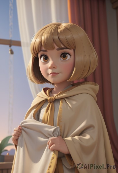 1girl,solo,blush,smile,short hair,bangs,blonde hair,brown hair,long sleeves,holding,brown eyes,closed mouth,upper body,artist name,indoors,hood,blunt bangs,blurry,lips,window,depth of field,blurry background,bob cut,plant,curtains,child,cloak,freckles,robe,nose,blanket,female child,potted plant,looking at viewer,wide sleeves,cape,neckerchief,thick eyebrows