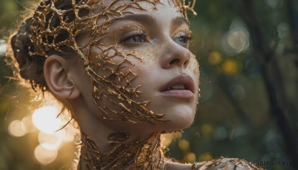 1girl,solo,short hair,brown hair,outdoors,parted lips,teeth,blurry,lips,grey eyes,depth of field,blurry background,looking away,looking up,portrait,freckles,realistic,nose,gold,blue eyes,hair ornament,jewelry,looking to the side,eyelashes,close-up,gold trim,looking afar,bokeh,updo