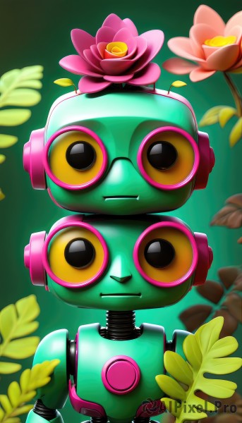 solo,looking at viewer,closed mouth,upper body,flower,no humans,headphones,leaf,plant,robot,mecha,pink flower,green background,straight-on,green theme,lily pad,lotus,humanoid robot,non-humanoid robot,1boy,male focus,glasses,rose,fangs,furry,round eyewear,on head,furry male,pink rose,pink-framed eyewear