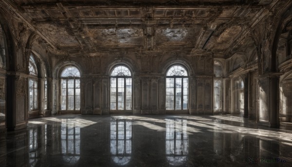 day,indoors,no humans,window,shadow,sunlight,scenery,reflection,light rays,architecture,sunbeam,ruins,pillar,ceiling,hallway,church,arch,reflective floor,sky,cloud,water,wooden floor,fantasy,door,candle,floor,chandelier,reflective water