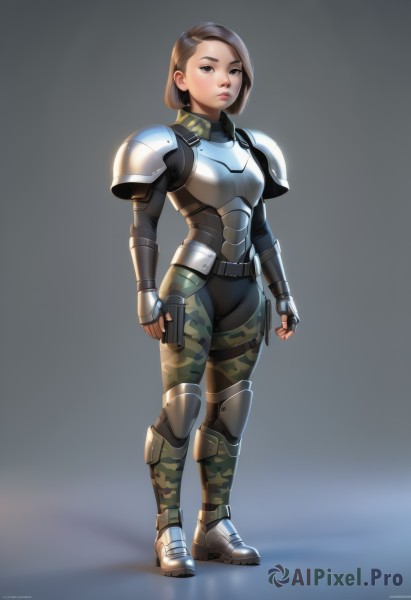 1girl,solo,looking at viewer,short hair,brown hair,gloves,brown eyes,closed mouth,standing,full body,weapon,boots,black gloves,belt,pants,artist name,fingerless gloves,grey background,armor,lips,gun,military,shoulder armor,clenched hands,pauldrons,breastplate,arms at sides,knee pads,shoulder pads,camouflage,simple background,earrings,signature,bodysuit,pouch,realistic,nose,hair behind ear,armored boots