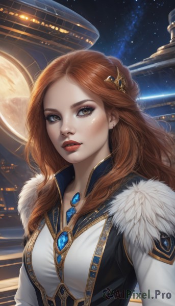 1girl,solo,long hair,breasts,looking at viewer,brown hair,hair ornament,brown eyes,jewelry,upper body,earrings,parted lips,sky,artist name,lips,fur trim,makeup,night,lipstick,brooch,gem,star (sky),night sky,eyeshadow,starry sky,freckles,red lips,medium breasts,red hair,orange hair,realistic,nose