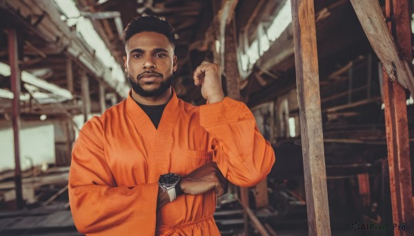 solo,looking at viewer,short hair,black hair,long sleeves,1boy,brown eyes,upper body,male focus,indoors,hand up,dark skin,wide sleeves,blurry,black eyes,blurry background,facial hair,dark-skinned male,clenched hand,beard,watch,robe,realistic,wristwatch,animification,very dark skin,photo background,smile,brown hair,shirt,closed mouth,japanese clothes,lips,meme,undershirt,dougi,orange jacket,orange kimono