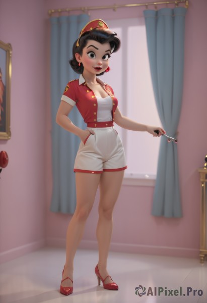 1girl,solo,breasts,looking at viewer,blush,smile,short hair,open mouth,brown hair,shirt,black hair,hat,holding,cleavage,brown eyes,jewelry,medium breasts,standing,collarbone,jacket,full body,short sleeves,earrings,shorts,teeth,indoors,uniform,black eyes,high heels,short shorts,makeup,upper teeth only,lipstick,curtains,red footwear,red headwear,red jacket,cigarette,hand in pocket,white shorts,red lips,nail polish,window,hands in pockets,painting (object)