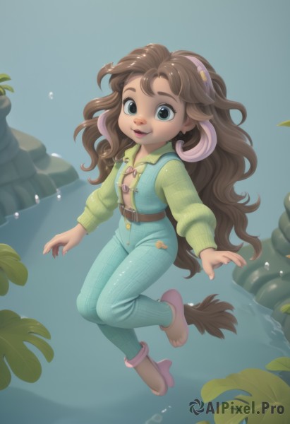 1girl,solo,long hair,looking at viewer,smile,blue eyes,brown hair,shirt,long sleeves,animal ears,jewelry,very long hair,tail,full body,horns,barefoot,belt,pants,artist name,dark skin,water,dark-skinned female,lips,monster girl,freckles,fish,bubble,rock,underwater,green shirt,anklet,brown belt,overalls,air bubble,sheep horns,sheep ears,sheep girl,hooves,seaweed,open mouth,hair ornament,multicolored hair,feet,two-tone hair,plaid,leaf,wavy hair,plant,denim,jeans,plaid shirt