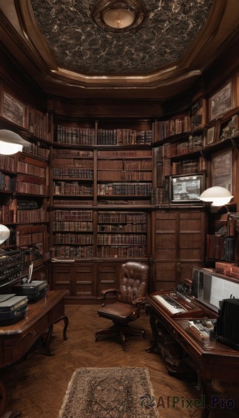 sitting,indoors,cup,book,no humans,chair,table,scenery,desk,wooden floor,paper,clock,bookshelf,lamp,computer,monitor,shelf,book stack,library,keyboard (computer),carpet,cabinet,globe,rug