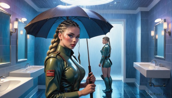 long hair,breasts,looking at viewer,blue eyes,multiple girls,blonde hair,brown hair,long sleeves,holding,2girls,medium breasts,closed mouth,standing,jacket,ponytail,ass,braid,boots,necktie,shorts,belt,indoors,uniform,lips,wet,military,military uniform,makeup,umbrella,knee boots,reflection,rain,blue footwear,mirror,green jacket,holding umbrella,nose,door,tiles,bathroom,bathtub,tile wall,sink,faucet,blush,realistic